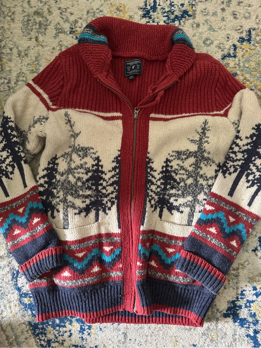 Great looking American Eagle Red & Cream Zip Cardigan Sweater with Tree Pattern